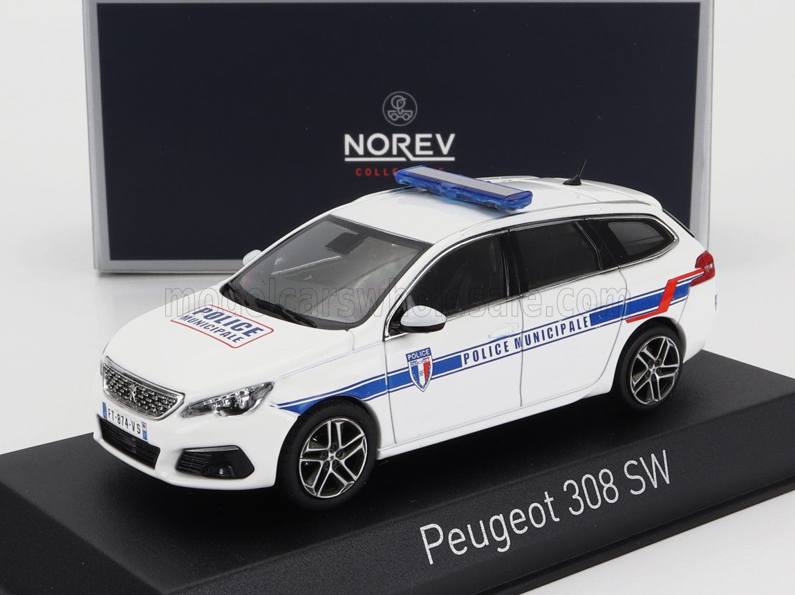 Maquette réduite d'une Peugeot 308 SW Police Municipale blanche avec gyrophare bleu, disponible sur Vroomi.