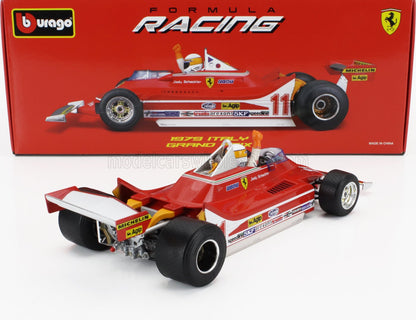 Modèle réduit de voiture Ferrari Formule 1 Burago 1979 avec figurine du pilote Jody Scheckter, disponible sur Vroomi