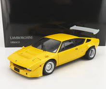 Modèle réduit de Lamborghini Urraco jaune avec aileron arrière, disponible dès maintenant chez Vroomi.