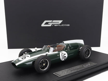 Modèle réduit à l'échelle 1:18 de la voiture de course Cooper T53 de 1960, vert foncé, bande blanche, numéro 16, édition limitée, proposé sur Vroomi.