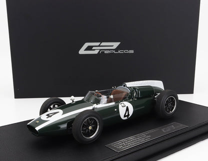 Modèle réduit de voiture de course vintage Cooper T53 verte et blanche portant le numéro 4, disponible sur Vroomi.