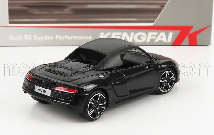 Modèle réduit d'Audi R8 Spyder noire présenté dans son emballage Kengfai, disponible sur la plateforme Vroomi.