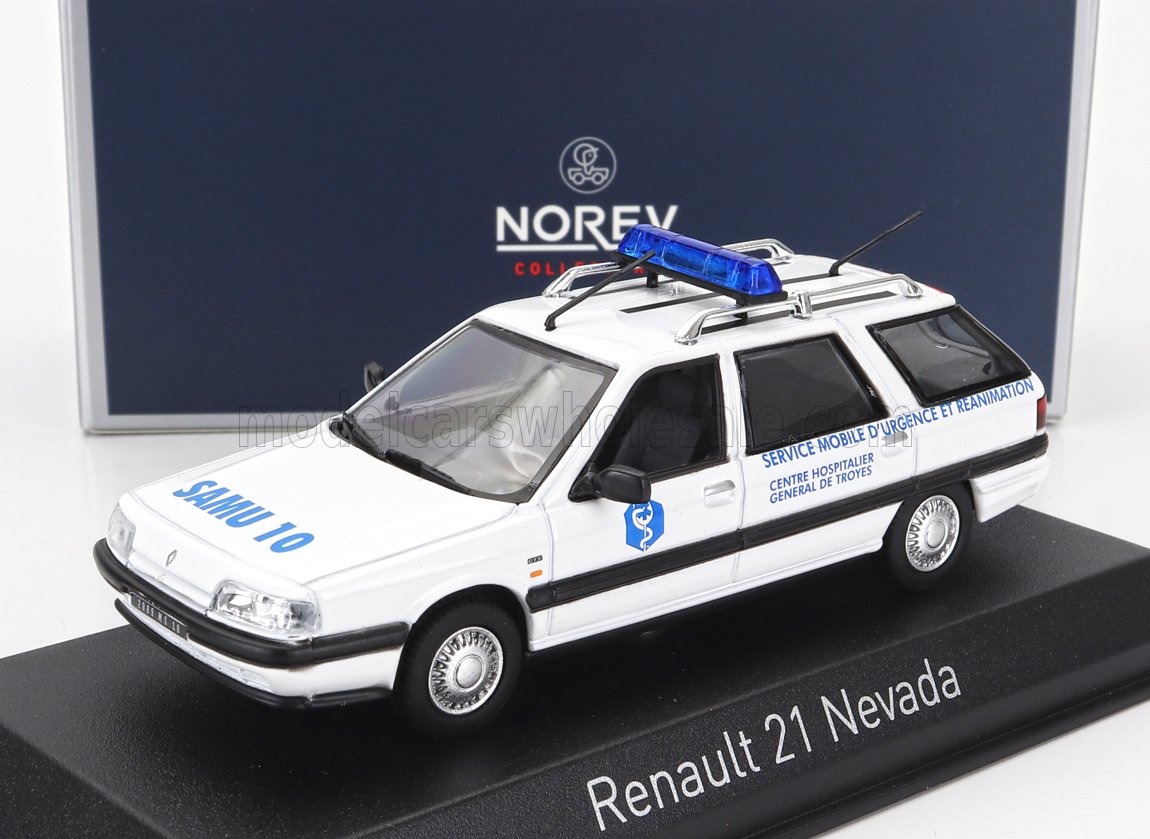 Modèle réduit de Renault 21 Nevada blanche équipée d'une sirène bleue, disponible sur Vroomi