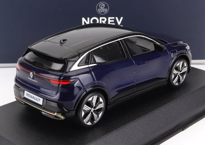 Maquette à l'échelle d'une Renault Mégane bleue avec toit noir sur socle d'exposition par Norev, proposée par Vroomi.