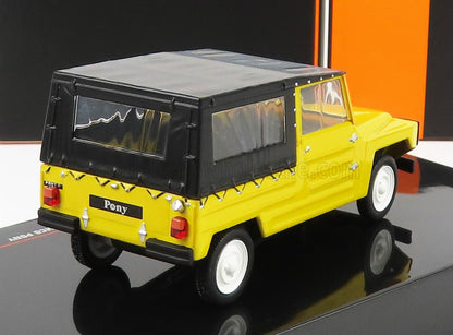 Modèle réduit classique Yellow Pony avec capote noire, présenté sur une surface réfléchissante, disponible via Vroomi.