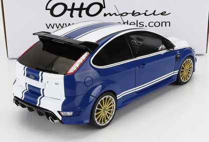 Modèle réduit de Ford Focus RS bleu et blanc avec jantes dorées, design détaillé, disponible sur Vroomi