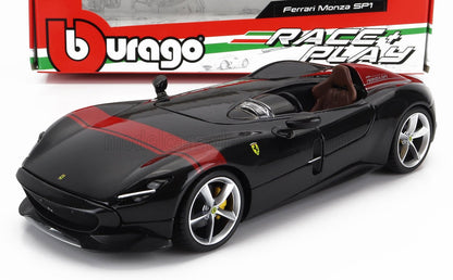 Modèle réduit Bburago Ferrari Monza SP1 noir avec bandes rouges, présenté avec son emballage, vendu sur Vroomi