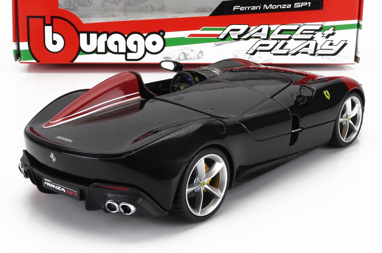 Modèle réduit Bburago Ferrari Monza SP1 noir et rouge avec jantes argentées, disponible sur Vroomi.