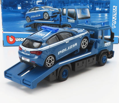 Camion de dépannage Polizia bleu transportant une voiture de police Polizia bleue, disponible sur Vroomi