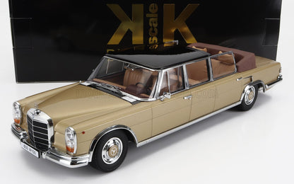Modèle réduit Mercedes 600 W100 classique, couleur or et noir, intérieur beige, disponible sur Vroomi.
