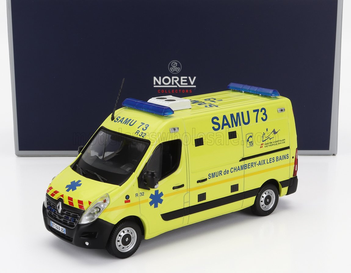 Modèle réduit d'ambulance d'urgence SAMU 73 jaune par Norev Collectors, avec marquages bleus détaillés, présenté avec sa boîte, référencé sur Vroomi.