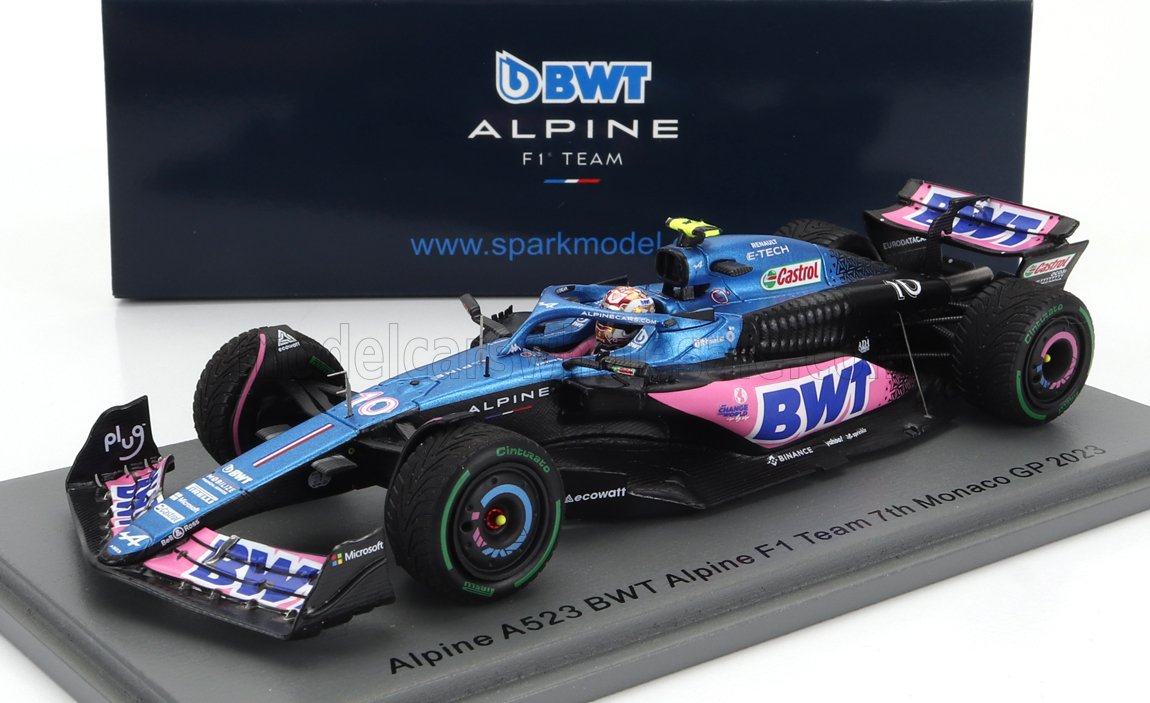Modèle réduit Alpine BWT F1 Team Monaco GP 2023 avec livrée bleue et rose, proposé sur Vroomi