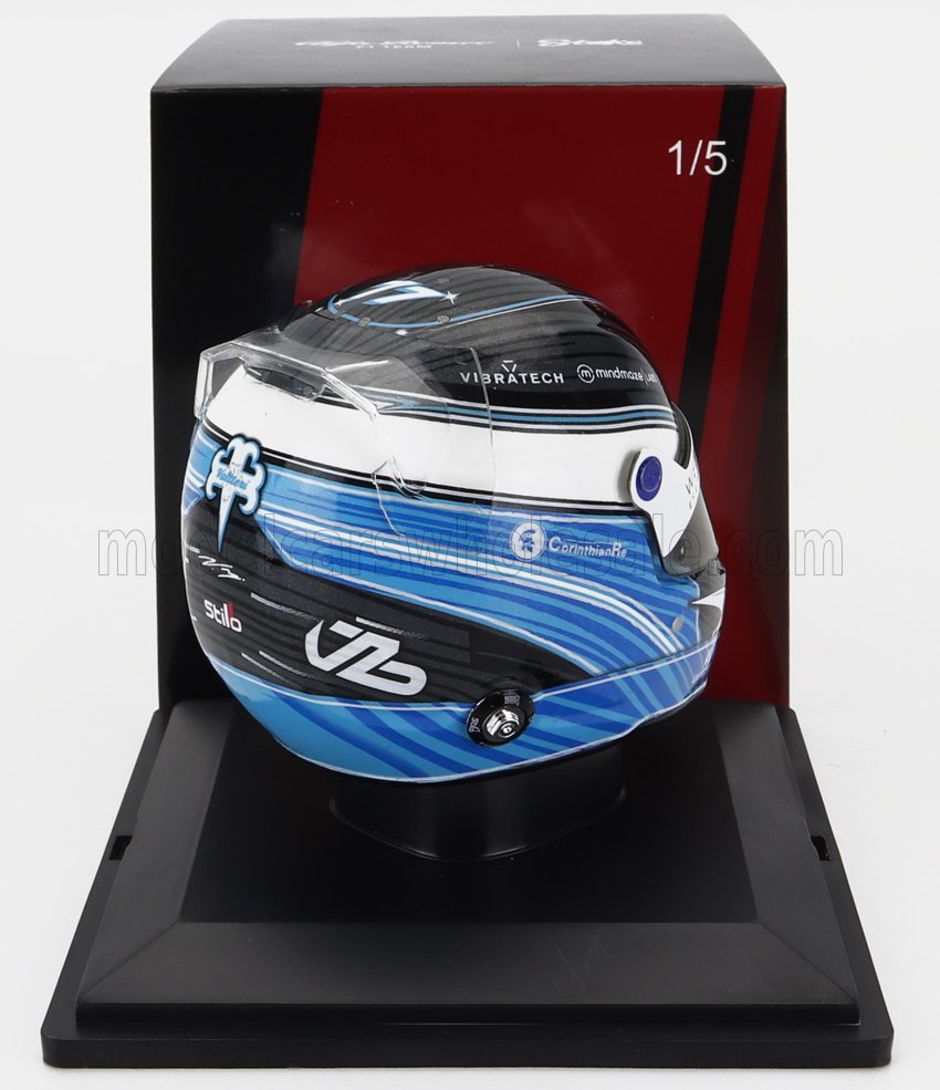 Casque de course bleu et noir avec visière blanche, logos des sponsors visibles, proposé sur Vroomi.