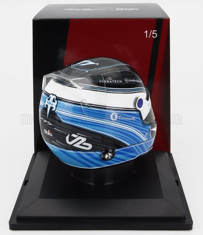 Casque de course bleu et noir avec visière blanche, logos des sponsors visibles, proposé sur Vroomi.