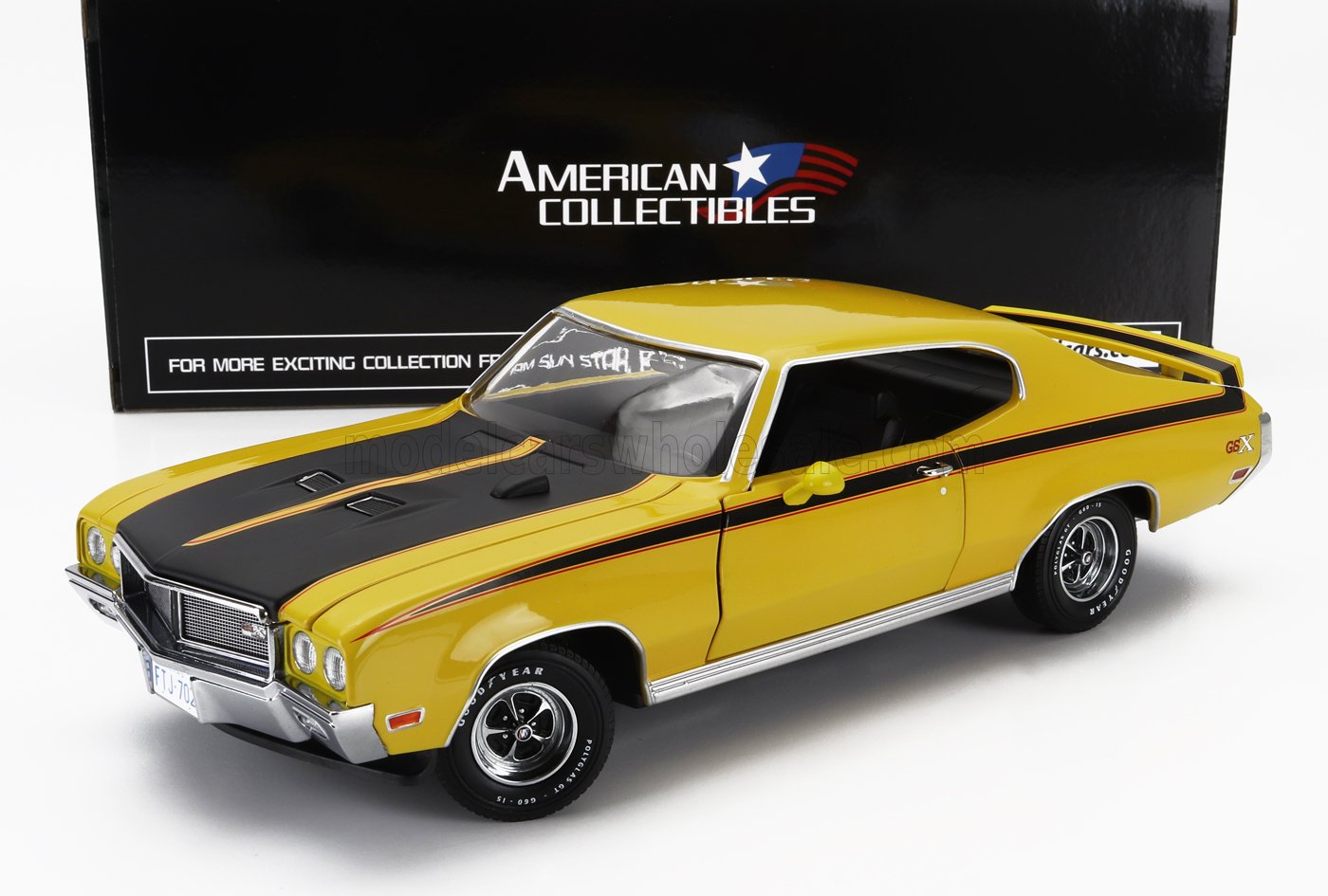 Modèle réduit de muscle car jaune et noir moulé sous pression avec boîte American Collectibles, disponible chez Vroomi.