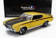 Modèle réduit de muscle car jaune et noir moulé sous pression avec boîte American Collectibles, disponible chez Vroomi.