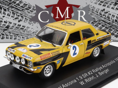 Modèle réduit de voiture de rallye Opel Ascona 1.9 SR jaune avec numéro 2 et autocollants de sponsors, disponible sur Vroomi.