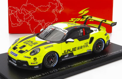 Modèle réduit de voiture de course Porsche 911 GT3 Cup jaune avec le logo JUNJIE, présenté sur Vroomi.