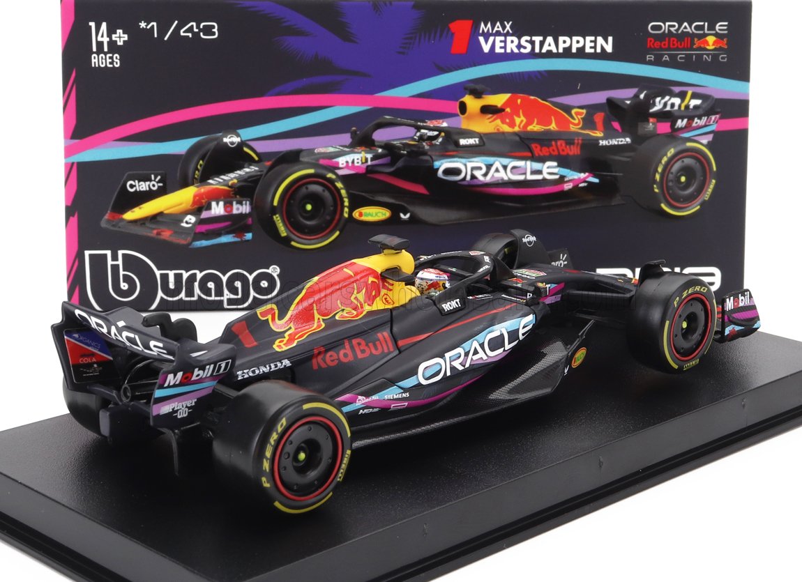 Modèle réduit à l'échelle 1/43 de la voiture de F1 Red Bull Honda de Max Verstappen, présenté dans son coffret griffé, disponible via Vroomi.