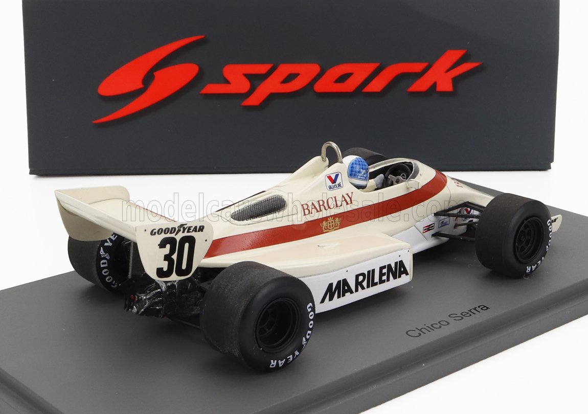 Spark model une voiture de course vintage blanche numéro 30 avec les logos Marilena et Goodyear, disponible sur Vroomi.