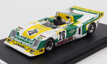 Modèle réduit de voiture de course vintage verte, jaune et blanche numéro 26 avec autocollants des sponsors, disponible sur Vroomi.