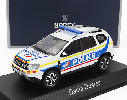 Maquette réduite d'un véhicule Dacia Duster Police Nationale blanc avec marquages bleus et rouges et gyrophare, proposée sur Vroomi.
