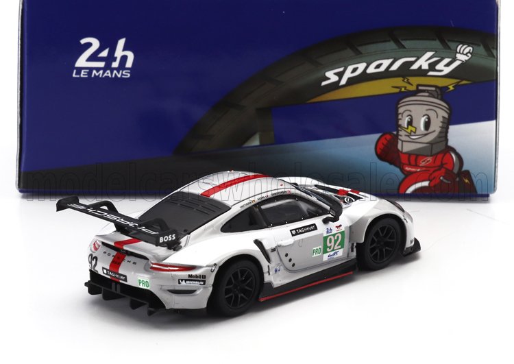 White Porsche 911 GT3 race car model with 92 number and 24h Le Mans branding, available on Vroomi platform