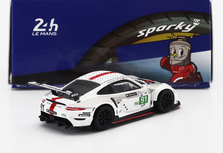 White Porsche 911 GT3 race car model with number 91, Pro 24h Le Mans livery, shown with Sparky tire box, available on Vroomi