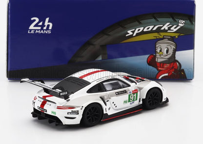White Porsche 911 GT3 model car with red stripes and race decals, displayed with blue Sparky 24h Le Mans box, available on Vroomi