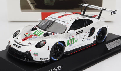 Modèle réduit de voiture de course Porsche 911 RSR blanche avec le numéro 91 et les logos des sponsors, disponible sur la plateforme Vroomi.
