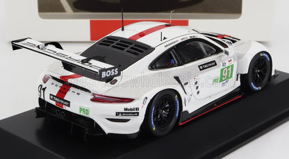 Modèle réduit de voiture de course Porsche 911 RSR blanche avec bande rouge, numéro 91, autocollants de course, disponible sur Vroomi.