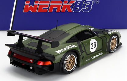 Modèle réduit de voiture de course verte avec le numéro 26 et le logo Mobil 1, équipée de roues dorées et d'un grand aileron arrière, disponible sur Vroomi.