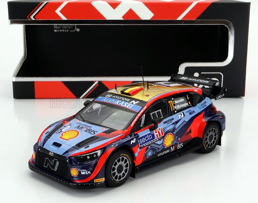 Modèle réduit de voiture de rallye Hyundai WRC avec graphismes des sponsors, à collectionner et disponible sur Vroomi.