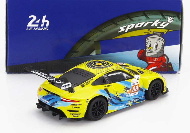 Modèle réduit de voiture de course Porsche 911 GT3 jaune et bleue avec le numéro 88, logo Le Mans, proposé sur Vroomi.