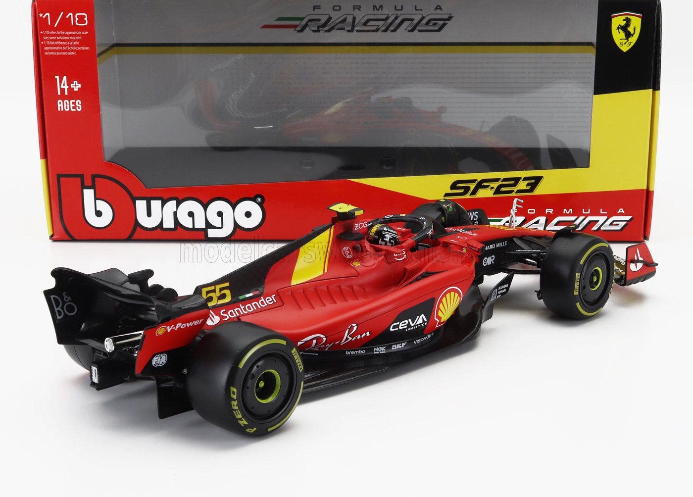 Modèle réduit de voiture de course Ferrari SF23 Formula 1 à l'échelle 1/18 de Bburago avec logos détaillés des sponsors, disponible sur Vroomi.