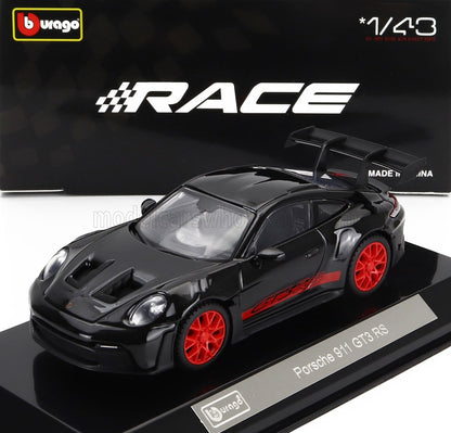 Modèle réduit Porsche 911 GT3 RS noir à l'échelle 1/43 avec roues rouges, disponible dès maintenant sur Vroomi.