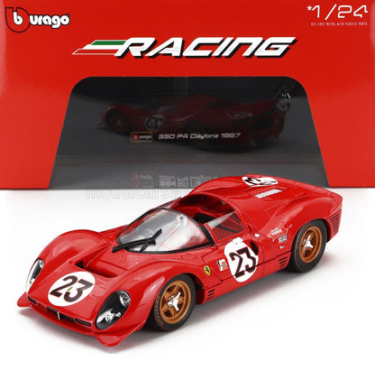 Modèle réduit Bburago Ferrari 330 P4 Daytona 1967 à l'échelle 1/24, couleur rouge, numéro de course 23, disponible sur Vroomi.