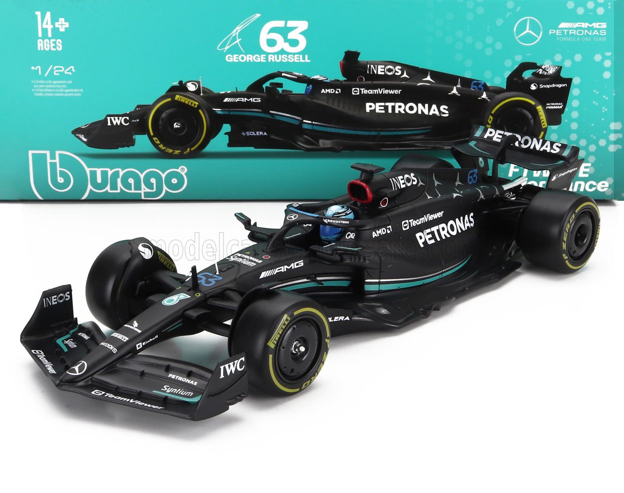 MERCEDES GP | F1 W14 TEAM MERCEDES-AMG PETRONAS FORMULA ONE N 63 SAISON 2023 GEORGE RUSSELL - AVEC PILOTE ET VITRINE