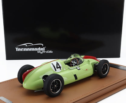 Modèle réduit de voiture de course vintage verte et rouge n° 14 de Tecnomodel sur un socle en cuir, disponible sur Vroomi.