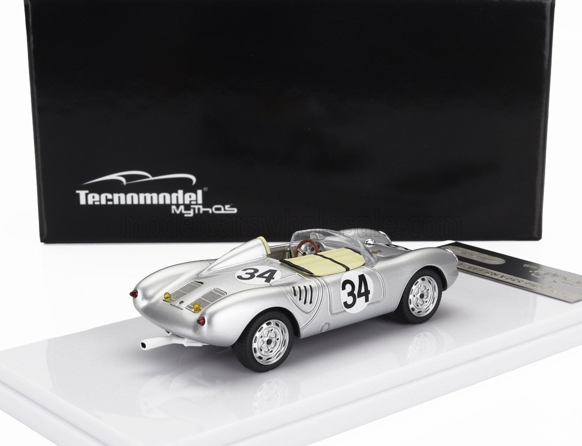 Modèle réduit de voiture de course vintage Tecnomodel argenté avec le numéro 34, présenté dans un coffret noir, disponible sur Vroomi.