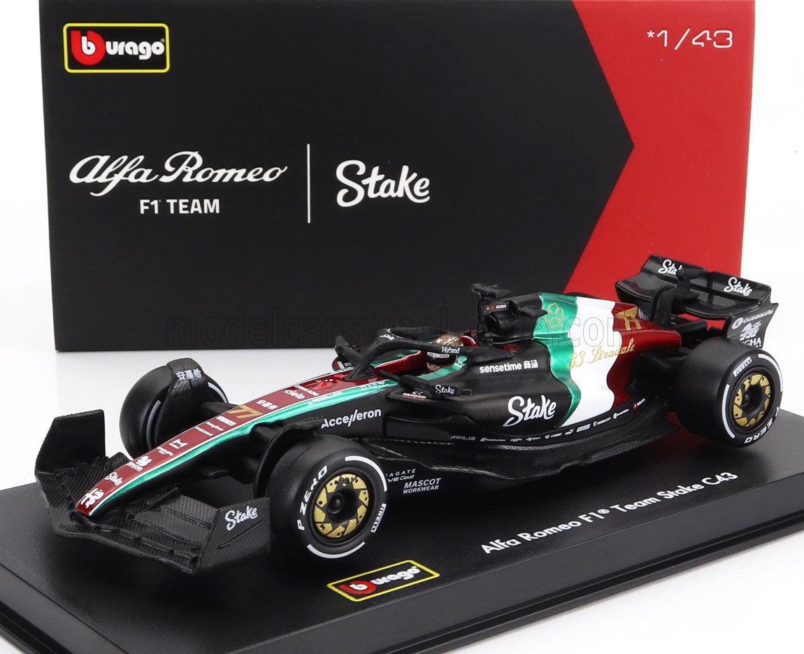 Modèle réduit Alfa Romeo F1 Team Stake C43 à l'échelle 1/43 avec livrée aux couleurs du drapeau italien, disponible sur Vroomi.