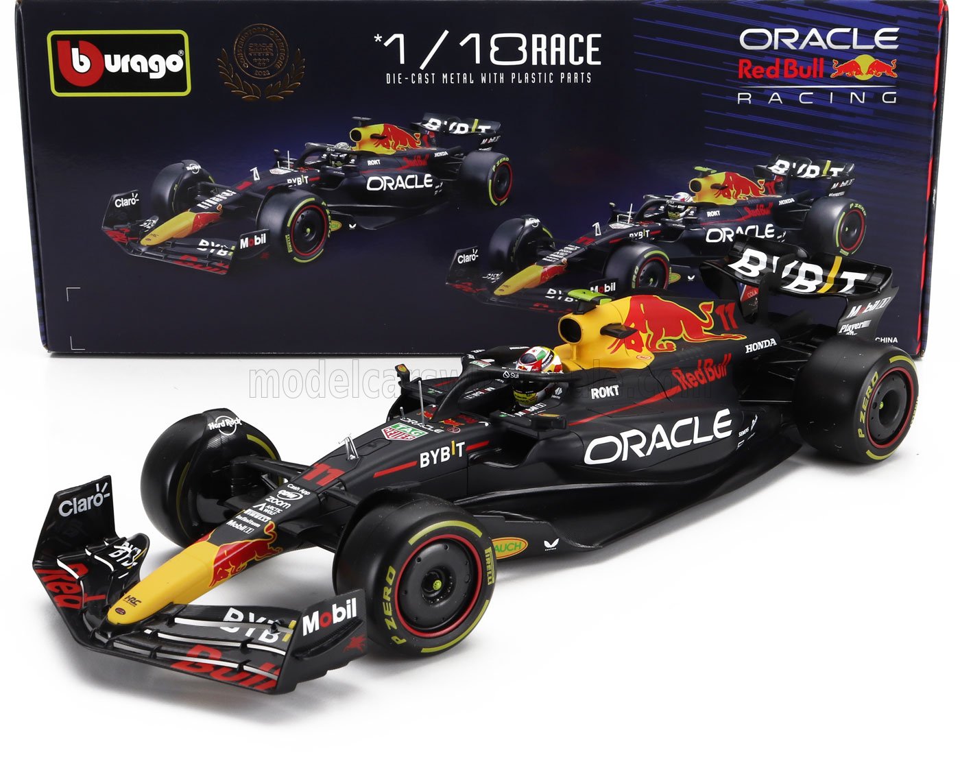 Modèle réduit de voiture de Formule 1 Oracle Red Bull à l'échelle 1/18 avec boîte, disponible sur la place de marché Vroomi.