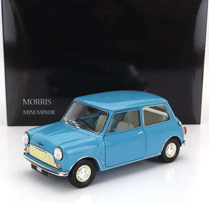 Modèle réduit de voiture classique Blue Morris Mini Minor avec sièges beiges présenté sur fond noir, proposé par Vroomi.