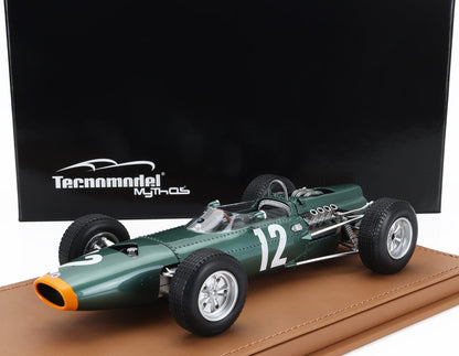 Modèle réduit de voiture de Formule 1 vintage verte numéro 12 sur socle marron, présentoir Tecnmodel, disponible via Vroomi