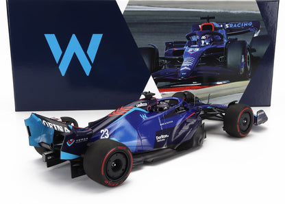 Modèle réduit de voiture Blue Williams F1 23 avec sponsors, présenté dans son coffret griffé, disponible sur Vroomi