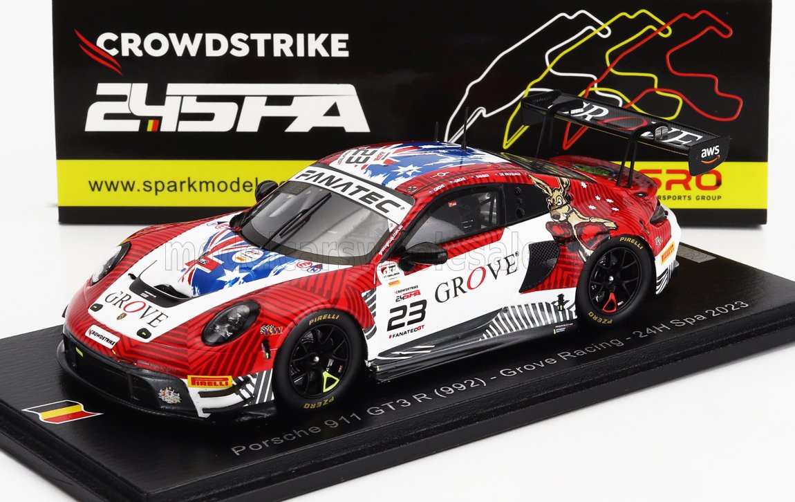 Modèle réduit Porsche 911 GT3 R par Grove Racing, rouge et blanc avec autocollants des sponsors, présenté sur Vroomi.