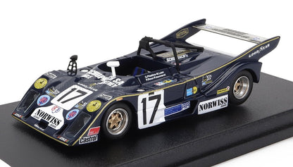 Modèle réduit de voiture de course vintage bleu foncé numéro 17 avec logos des sponsors, présenté sur un socle noir, désormais disponible sur Vroomi.