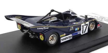 Modèle réduit de voiture de course vintage bleu foncé n° 17 avec autocollants des sponsors sur socle d'exposition, également proposé sur Vroomi.