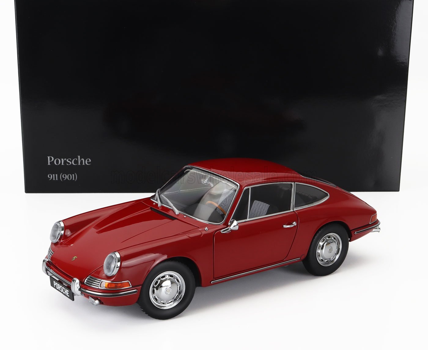 Modèle réduit classique Porsche 911 (901) rouge sur fond blanc avec boîte d'exposition noire, disponible sur Vroomi