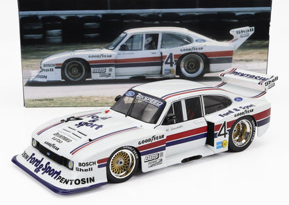 Modèle réduit détaillé de voiture de course Ford Zakspeed turbo blanche avec logos Goodyear et Shell, disponible sur Vroomi.
